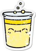 distressed sticker of a quirky hand drawn cartoon cup of lemonade png