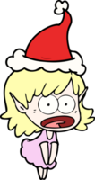 hand drawn line drawing of a shocked elf girl wearing santa hat png