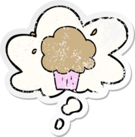 cartoon cupcake with thought bubble as a distressed worn sticker png