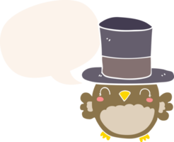 cartoon owl wearing top hat with speech bubble in retro style png