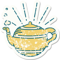 worn old sticker of a tattoo style steaming teapot png