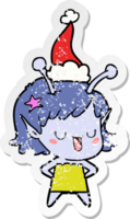 happy alien girl distressed sticker cartoon of a wearing santa hat png