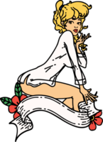 tattoo in traditional style of a pinup girl wearing a shirt with banner png