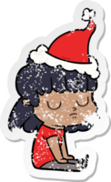 hand drawn distressed sticker cartoon of a indifferent woman wearing santa hat png