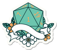 adesivo de um rolo de dados natural de um d20 png