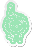 quirky cartoon  sticker of a lion wearing santa hat png