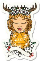 grunge sticker of a human druid with natural twenty dice roll png