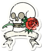 worn old sticker with banner of a skull and rose png