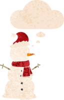 cartoon snowman with thought bubble in grunge distressed retro textured style png