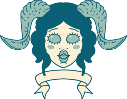 Retro Tattoo Style tiefling character face with scroll banner png