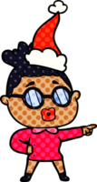 hand drawn comic book style illustration of a pointing woman wearing spectacles wearing santa hat png