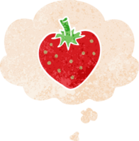 cartoon strawberry with thought bubble in grunge distressed retro textured style png