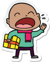 sticker of a cartoon shouting bald man with present png