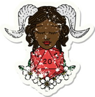 grunge sticker van een tiefling met natuurlijk 20 d20 Dobbelsteen rollen png