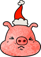 hand drawn textured cartoon of a angry pig face wearing santa hat png