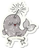 worn old sticker of a tattoo style happy narwhal png