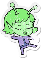 distressed sticker of a cartoon alien girl png