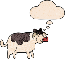 cartoon cow with thought bubble in grunge texture style png