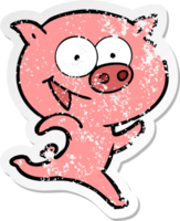 distressed sticker of a cheerful running pig cartoon png