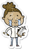 distressed sticker of a cartoon crying saleswoman png