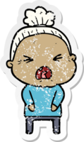 distressed sticker of a cartoon angry old woman png