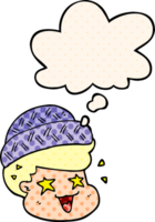 cartoon boy wearing hat with thought bubble in comic book style png