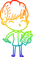 rainbow gradient line drawing of a cartoon woman thinking png