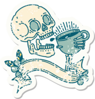 worn old sticker with banner of a skull drinking coffee png