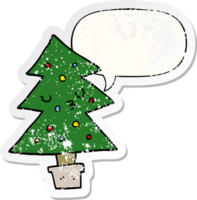 tecknad serie jul träd med Tal bubbla bedrövad bedrövad gammal klistermärke png