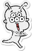 distressed sticker of a happy cartoon alien running png