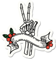 tattoo style sticker with banner of a skeleton giving a peace sign png