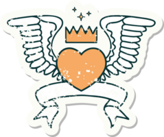 worn old sticker with banner of a heart with wings png