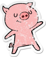 distressed sticker of a happy cartoon pig waving png