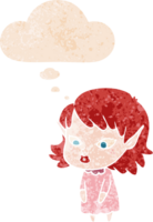 cartoon elf girl with pointy ears with thought bubble in grunge distressed retro textured style png