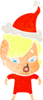 mano dibujado retro dibujos animados de un sorprendido niña vistiendo Papa Noel sombrero png