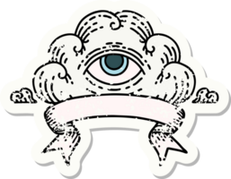 worn old sticker with banner of an all seeing eye cloud png