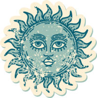 iconic distressed sticker tattoo style image of a sun with face png