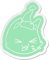 spitting quirky cartoon  sticker of a cat face wearing santa hat png