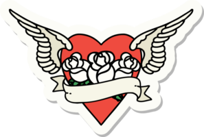 adesivo de tatuagem em estilo tradicional de coração com asas flores e banner png