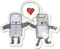 dessin animé des robots dans l'amour avec discours bulle affligé affligé vieux autocollant png