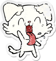 distressed sticker of a cartoon panting dog waving png