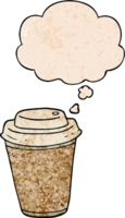 cartoon takeout coffee cup with thought bubble in grunge texture style png