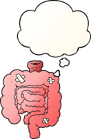 cartoon repaired intestines with thought bubble in smooth gradient style png