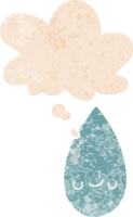 cartoon cute raindrop with thought bubble in grunge distressed retro textured style png