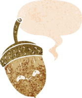 cartoon acorn with speech bubble in grunge distressed retro textured style png