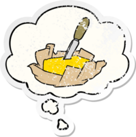 cartoon butter with thought bubble as a distressed worn sticker png