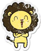 distressed sticker of a laughing lion cartoon png
