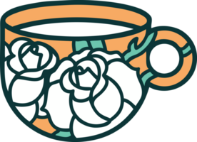 ikonisches Tattoo-Stil-Bild einer Tasse und Blumen png