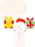 cartoon snowman with present with speech bubble in retro style png