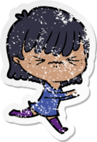 distressed sticker of a annoyed cartoon girl png